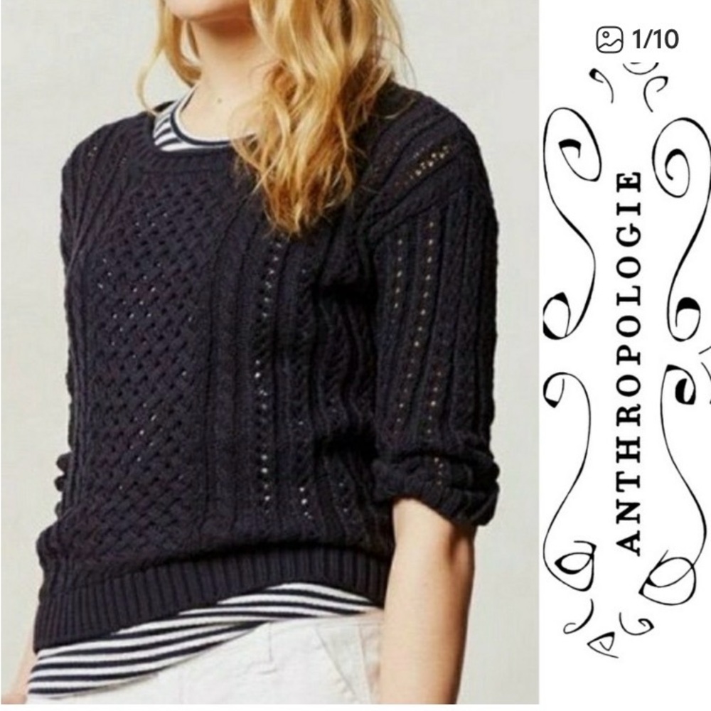 Anthropologie Moth Back Zip Zipper Open Knit Blue Scoop Neck 3/4 Sleeve Sweater